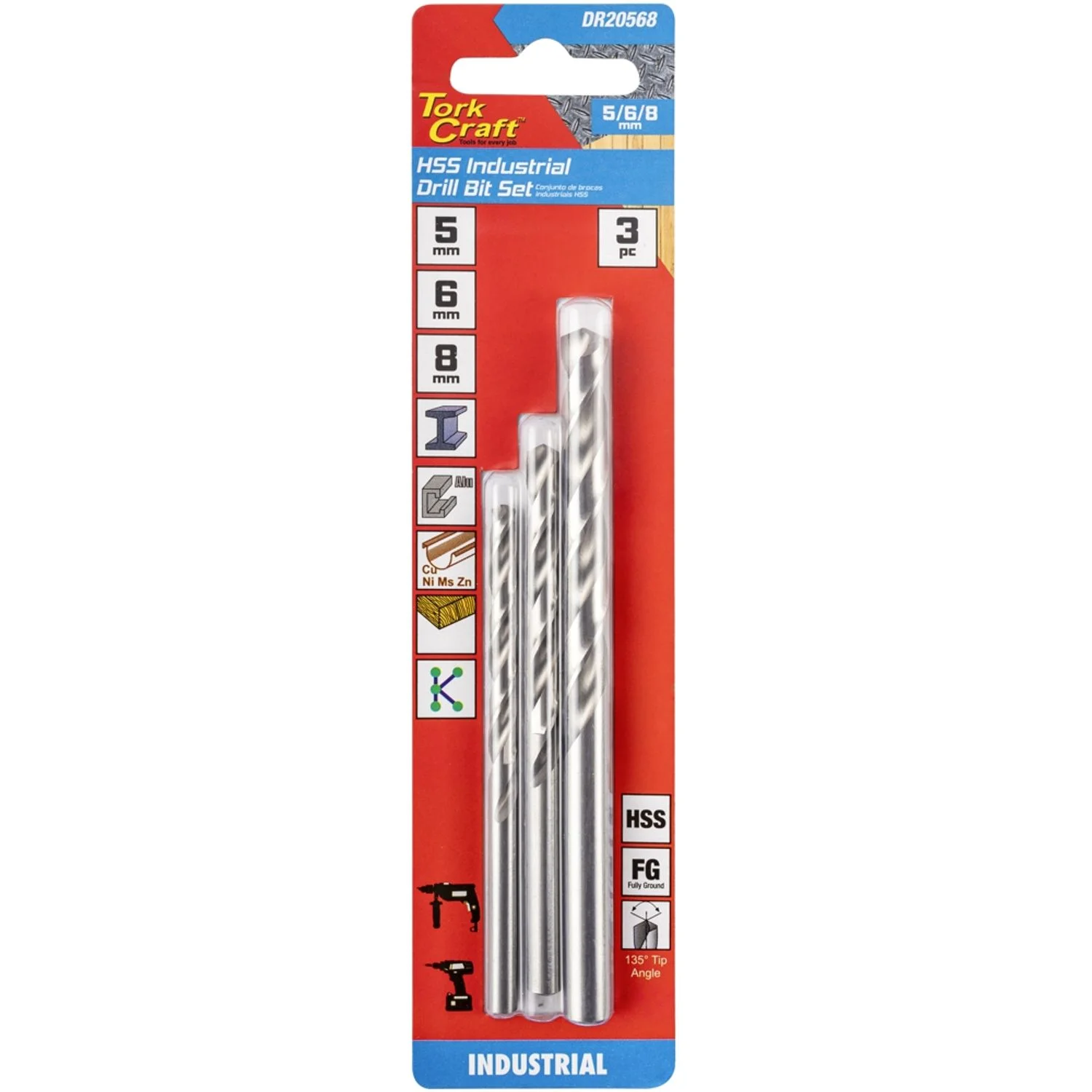 DR20568.webp DRILL BIT HSS 3PC SET 5-6-8MM INDUSTRIAL 135 GROUND - Image 1