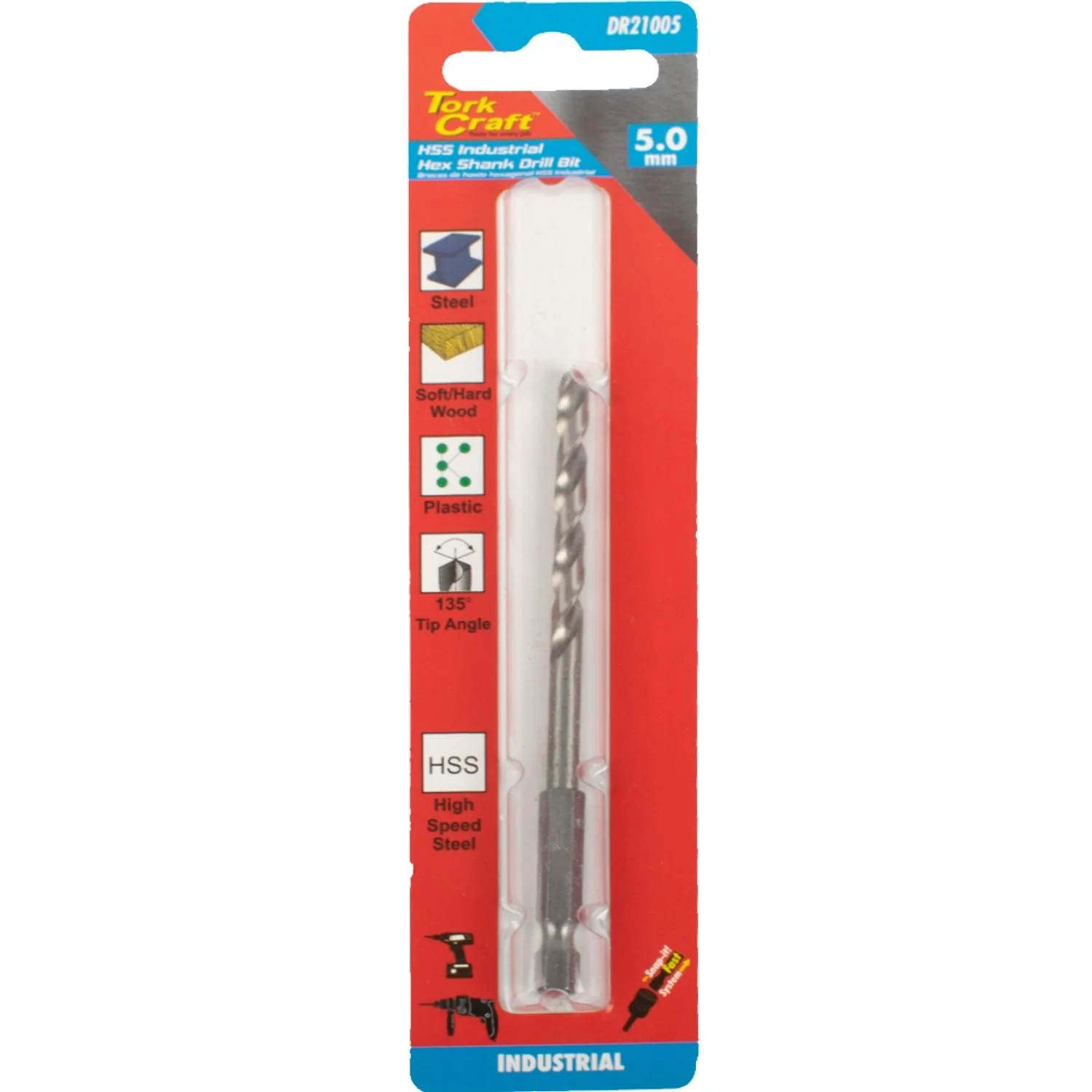 DR21005.webp DRILL HSS 5.0MM 135DEG 1/CARD HEX SHANK INDUSTRIAL BIT - Image 1