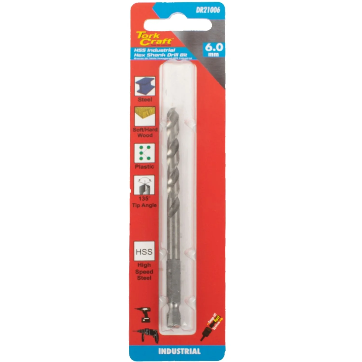 DR21006.webp DRILL HSS 6.0MM 135DEG 1/CARD HEX SHANK INDUSTRIAL BIT - Image 1