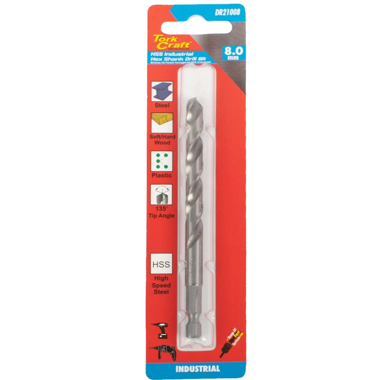 DR21008.webp DRILL HSS 8.0MM 135DEG 1/CARD HEX SHANK INDUSTRIAL BIT - Image 1