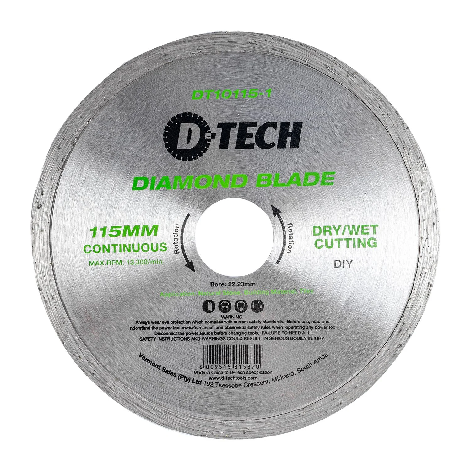 DT10115-1.webp DIAMOND BLADE CONTINUOUS RIM 115X22.23MM CERAMIC/MARBLE - Image 1