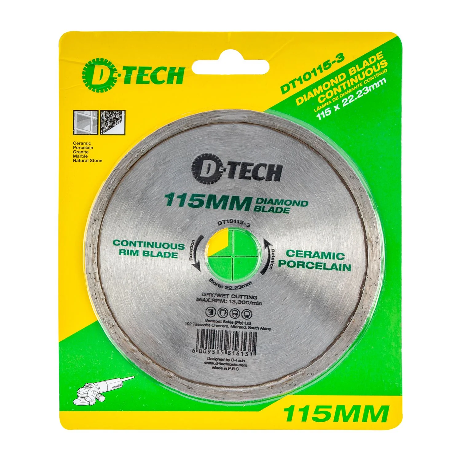 DT10115-3.webp DIAMOND BLADE CONTINUOUS RIM 115X22 23MM CERAMIC/PORCELAIN - Image 1