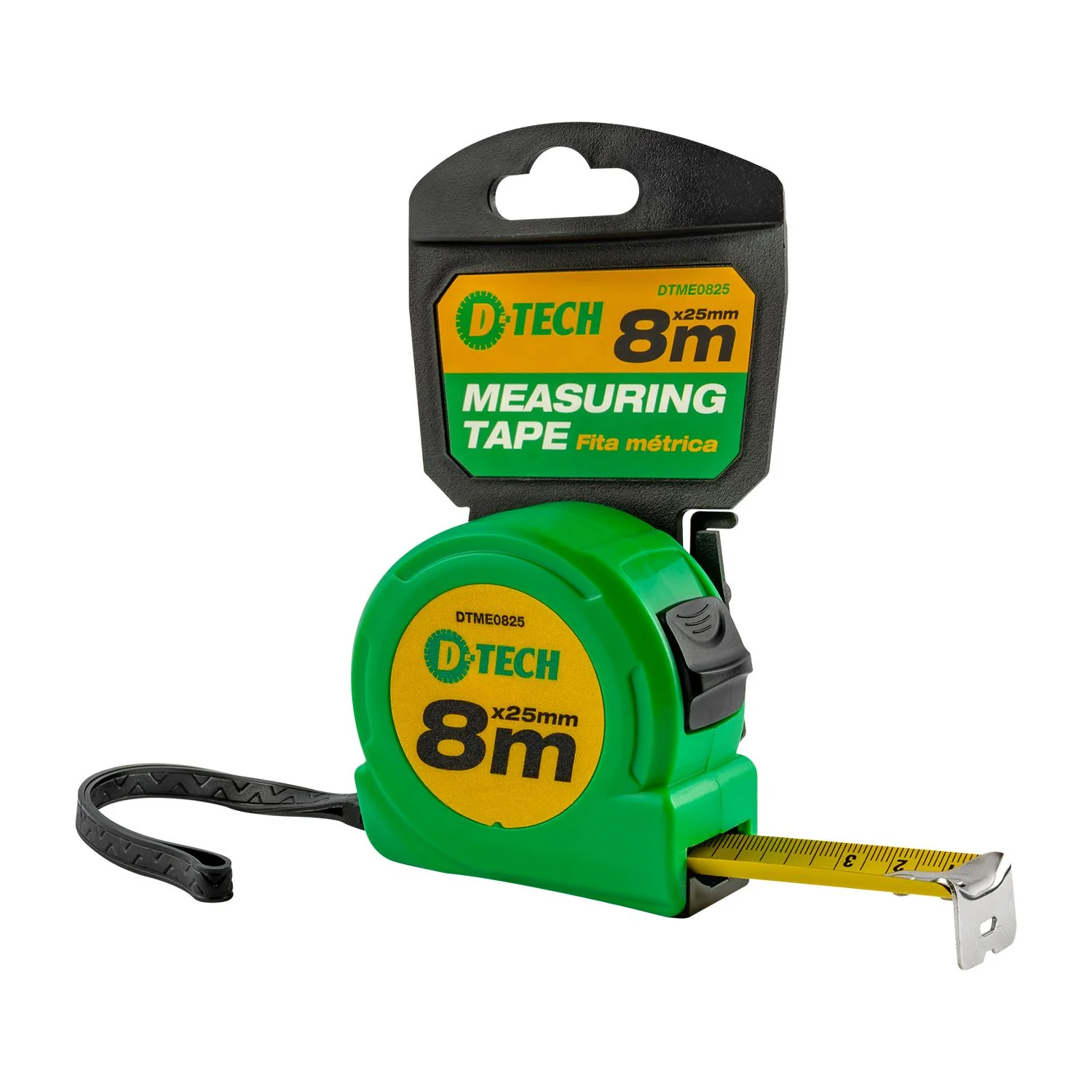 DTME0825.webp MEASURING TAPE 8M X 25MM PLASTIC CASING STANDARD HOOK and BELT CLIP - Image 1