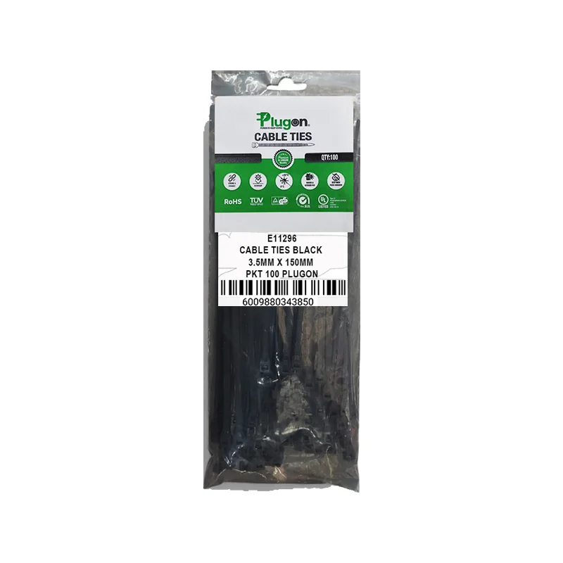 E11296.webp CABLE TIES BLACK 3.5MM X 150MM PKT 100 PLUGON - Image 1