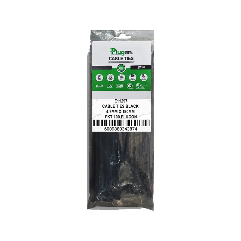 E11297.webp CABLE TIES BLACK 4.7MM X 190MM PKT 100 PLUGON - Image 1