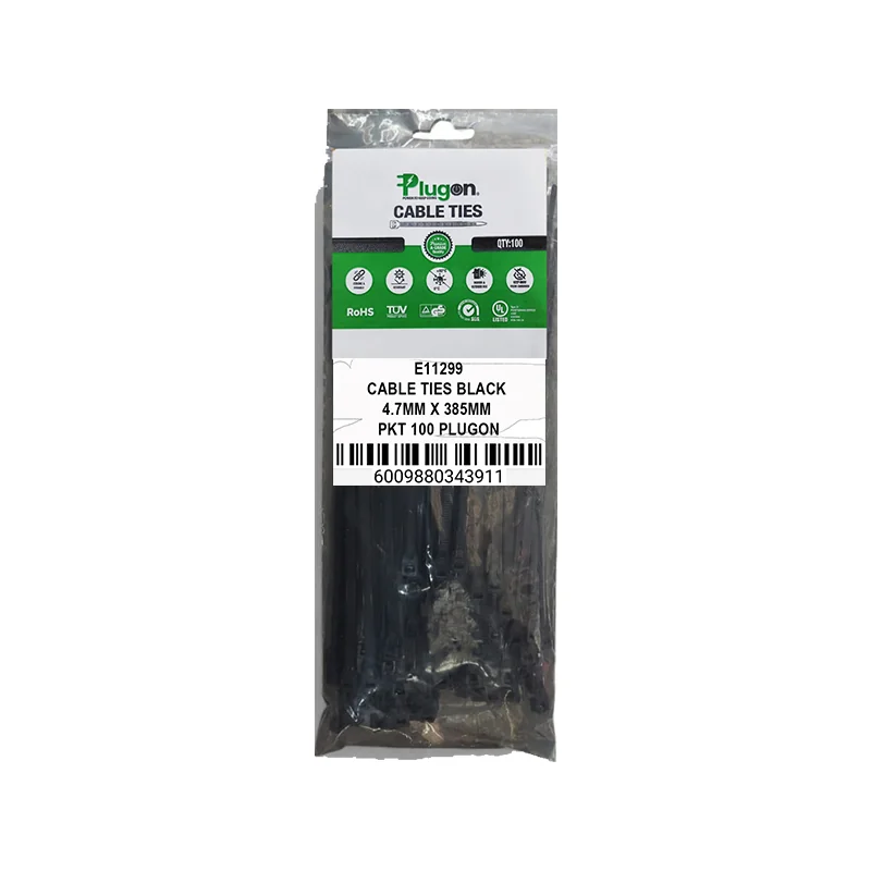 E11299.webp CABLE TIES BLACK 4.7MM X 385MM PKT 100 PLUGON - Image 1