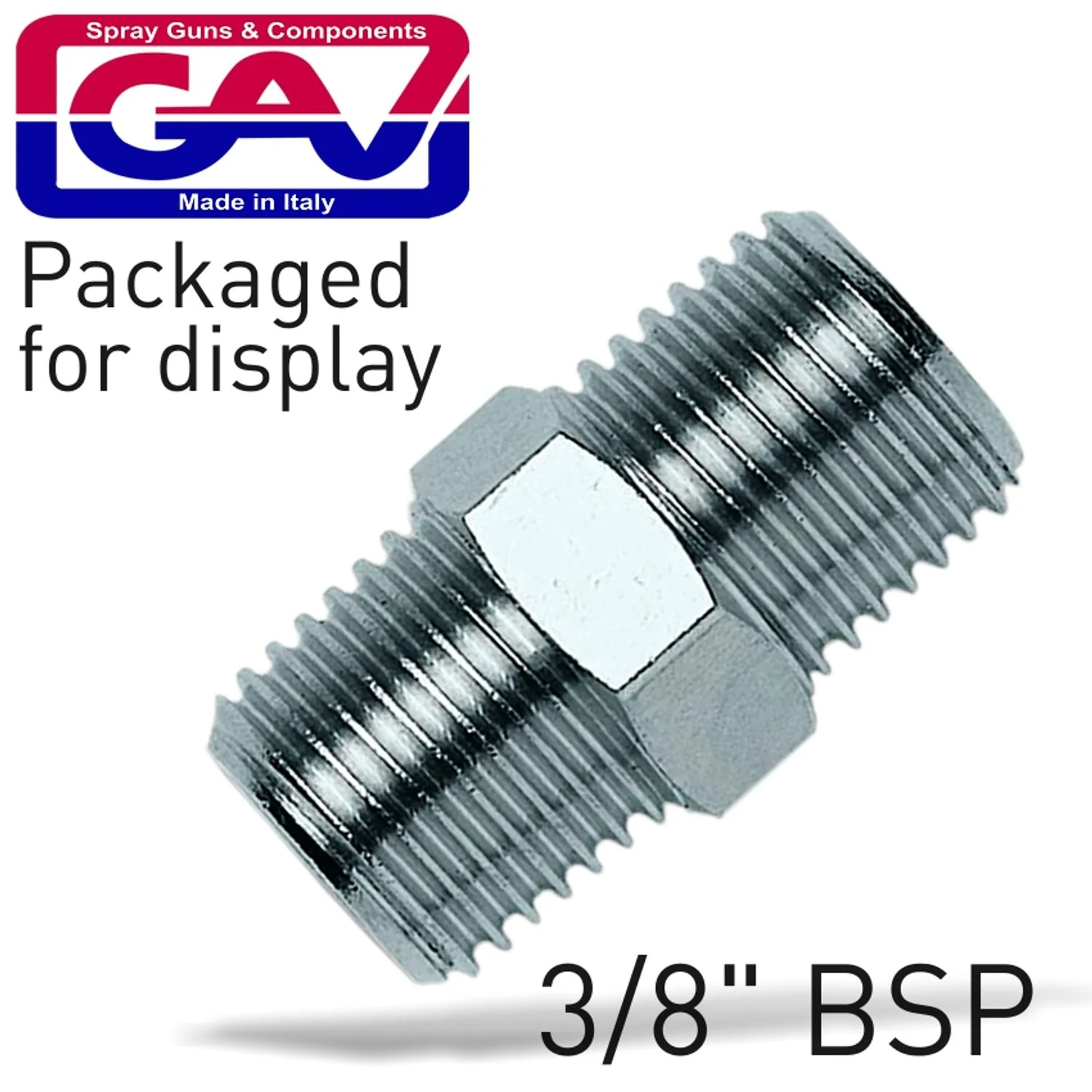 GAV1219-3P.webp TAPER NIPPLE 3/8 X 3/8 M/M PACKAGED - Image 1