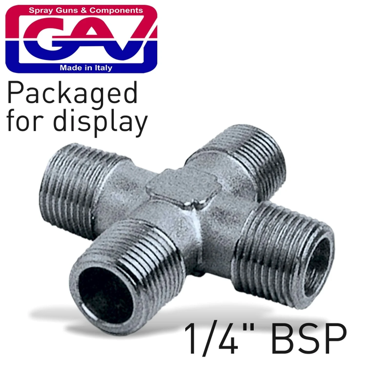 GAV1262-2P.webp 4-WAY CONNECTOR 1/4″ MMMM PACKAGED - Image 1