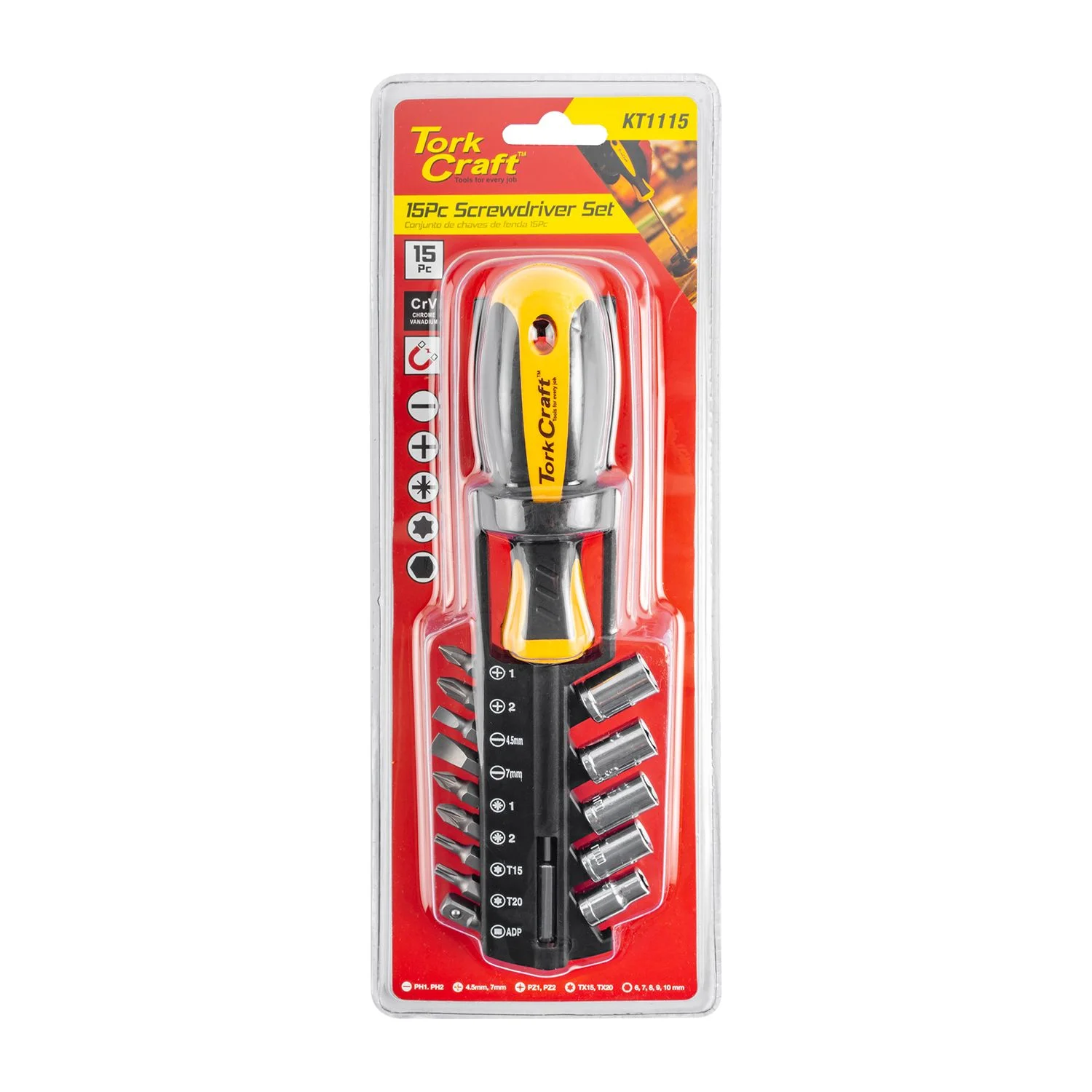 KT1115.webp 15PC SCREWDRIVER SET WITH BITS SOCKETS AND BELT CLIP - Image 1