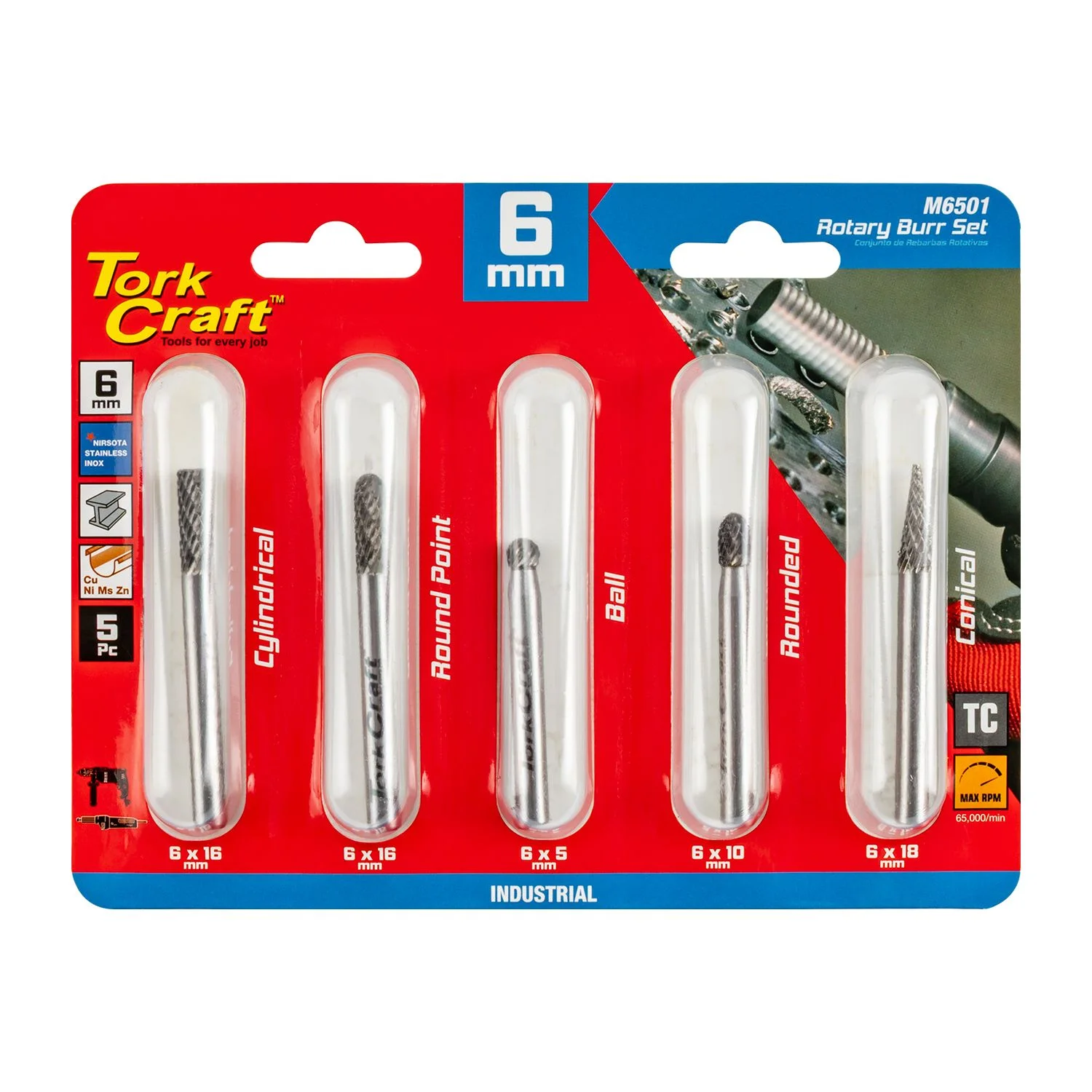 M6501.webp ROTARY BURR SET 5 PC ASSTD 6MM DIA TUNGSTEN - Image 1