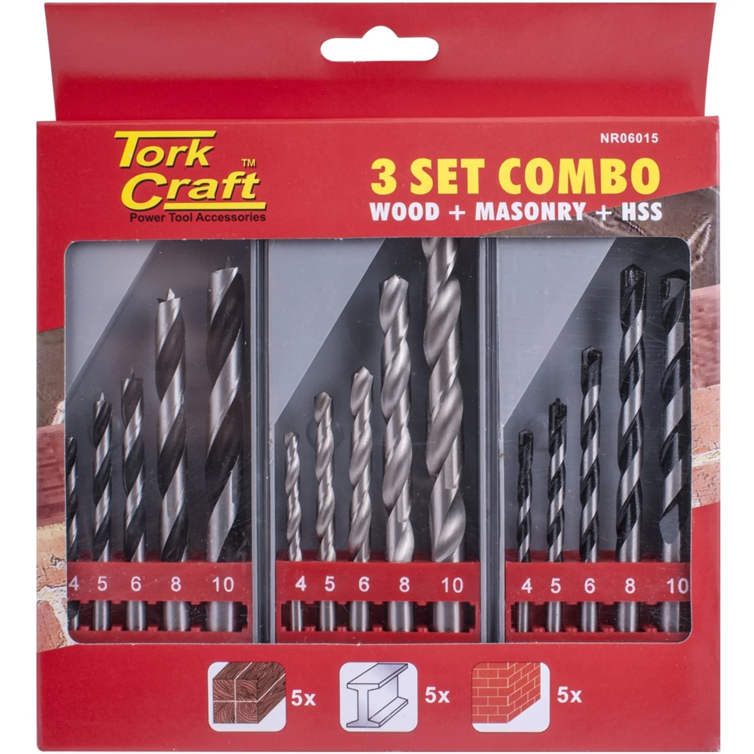 NR06015.webp DRILL BIT 3 SET COMBO WOOD + MASONRY + HSS - Image 1