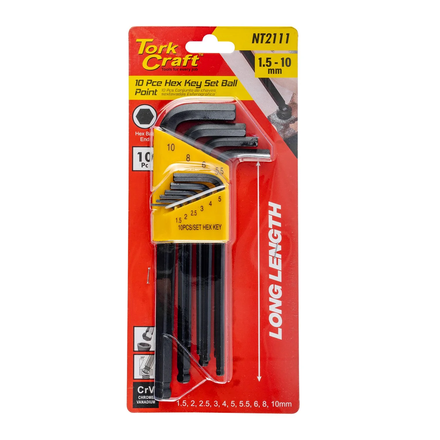 NT2111.webp HEX KEY SET 10PC BALL POINT 1.5-10MM CARDED CR-V - Image 1