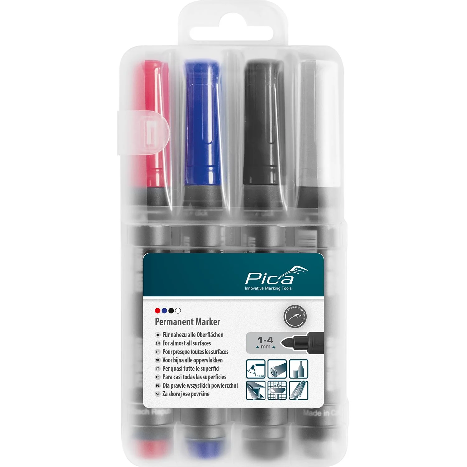 PICA520-04.webp PERMANENT MARKER 4PC SET 1-4MM ASS. COLORS WITH INSTANT-WHITE - Image 1