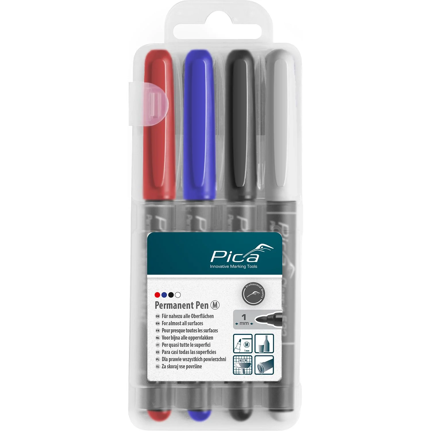 PICA534-04.webp PERMANENT PEN 4PCS SET MEDIUM ASS. COLORS WITH INSTANT-WHITE PEN - Image 1