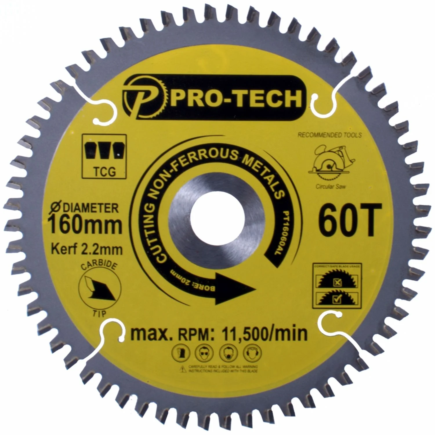 PT16060AL.webp SAW BLADE TCT 160 X 2.2 X 20 X 60T ALUM. PROF. - Image 1