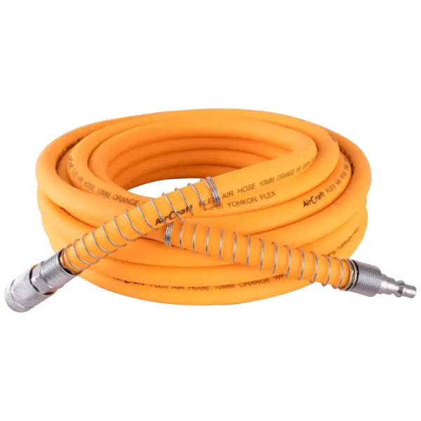 FLEX AIR HOSE KIT 10MM X 10M ORANGE W/QUICK COUPLER and CONNECTOR YOHKO