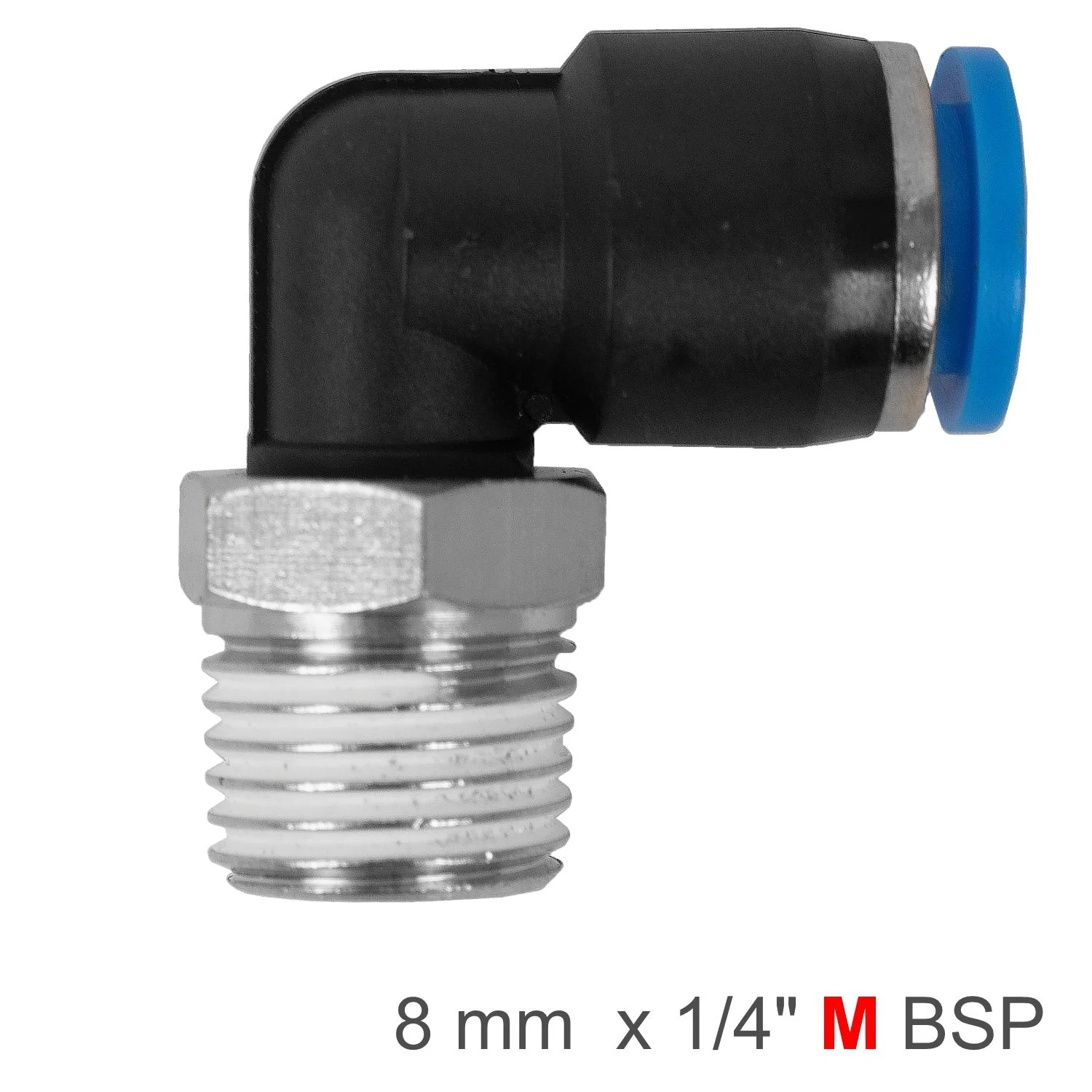 SPL08-02.webp ELBOW 8MM-1/4 M PU HOSE FITTING - Image 1