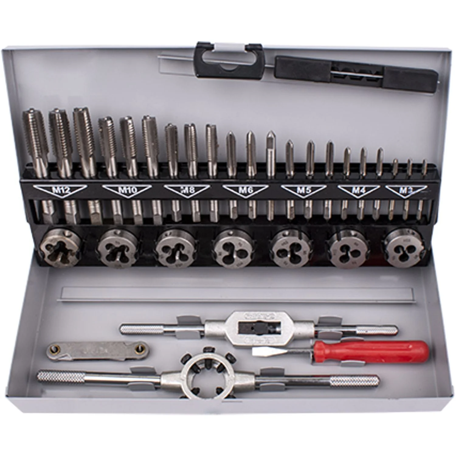 T9322.webp TAP AND DIE SET 32PCE 3-12MM HSS IN STEEL CASE - Image 1