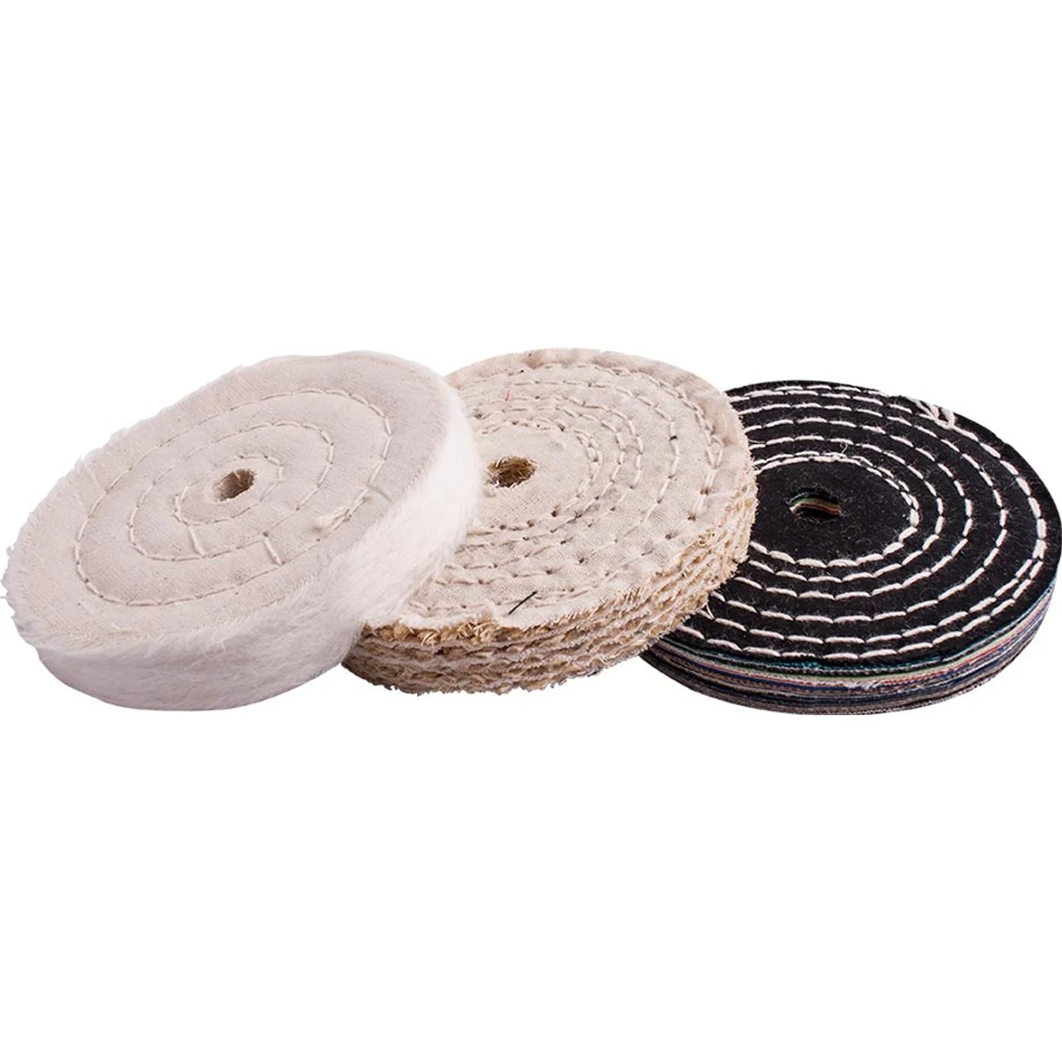 TCBF10030.webp BUFFING WHEEL KIT 3PCS 100MM WHITE and DENIM STICHED and SISAL POLISHING - Image 1