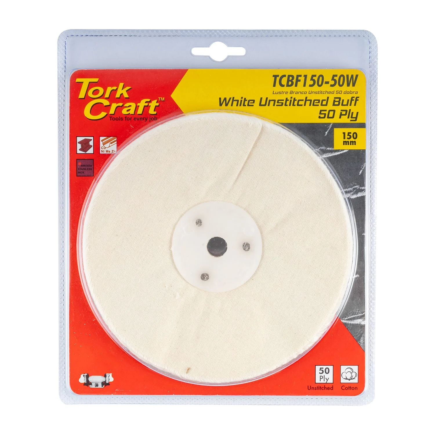 TCBF150-50W.webp WHITE BUFF/MOP UNSTITCHED 150 X 50PLY X 1/2″ HOLE - Image 1