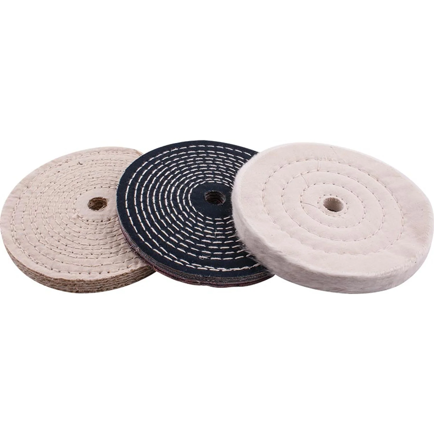 TCBF15030.webp BUFFING WHEEL KIT 3PCS 150MM WHITE and DENIM STICHED and SISAL POLISHING - Image 1
