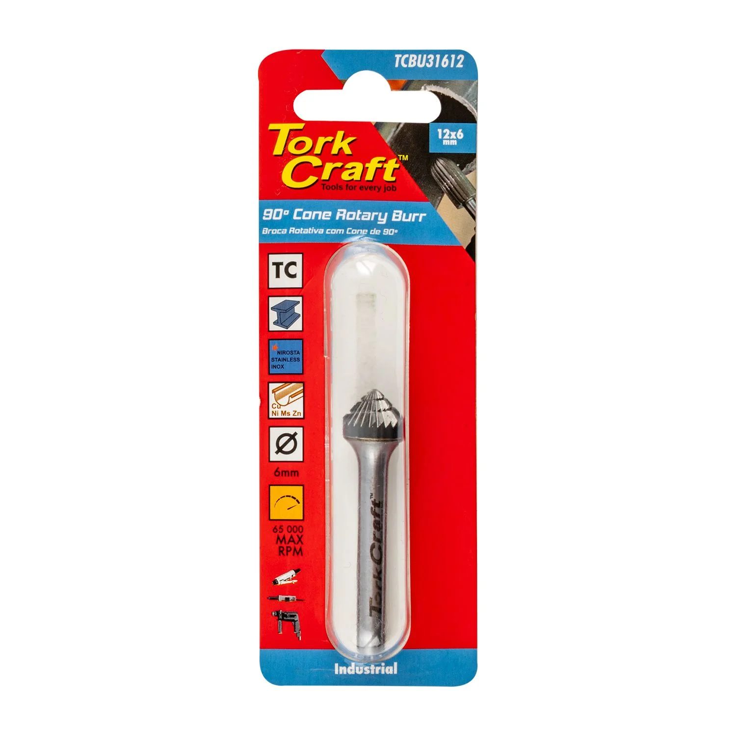 TCBU31612.webp ROTARY BURR TUNGSTEN 12X6X6MM 90 DEGREE CONE - Image 1