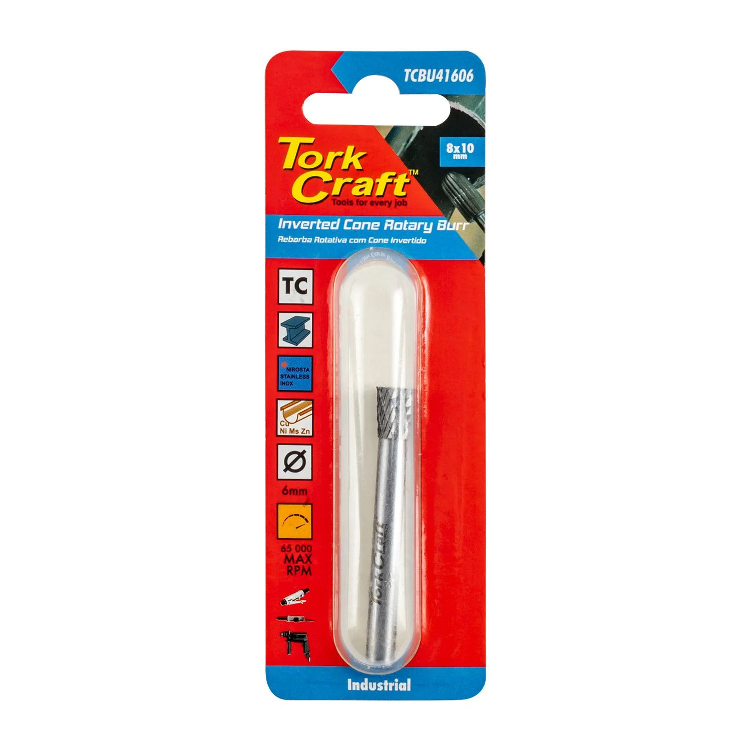 TCBU41606.webp ROTARY BURR TUNGSTEN 8X10X6MM INVERTED CONE - Image 1