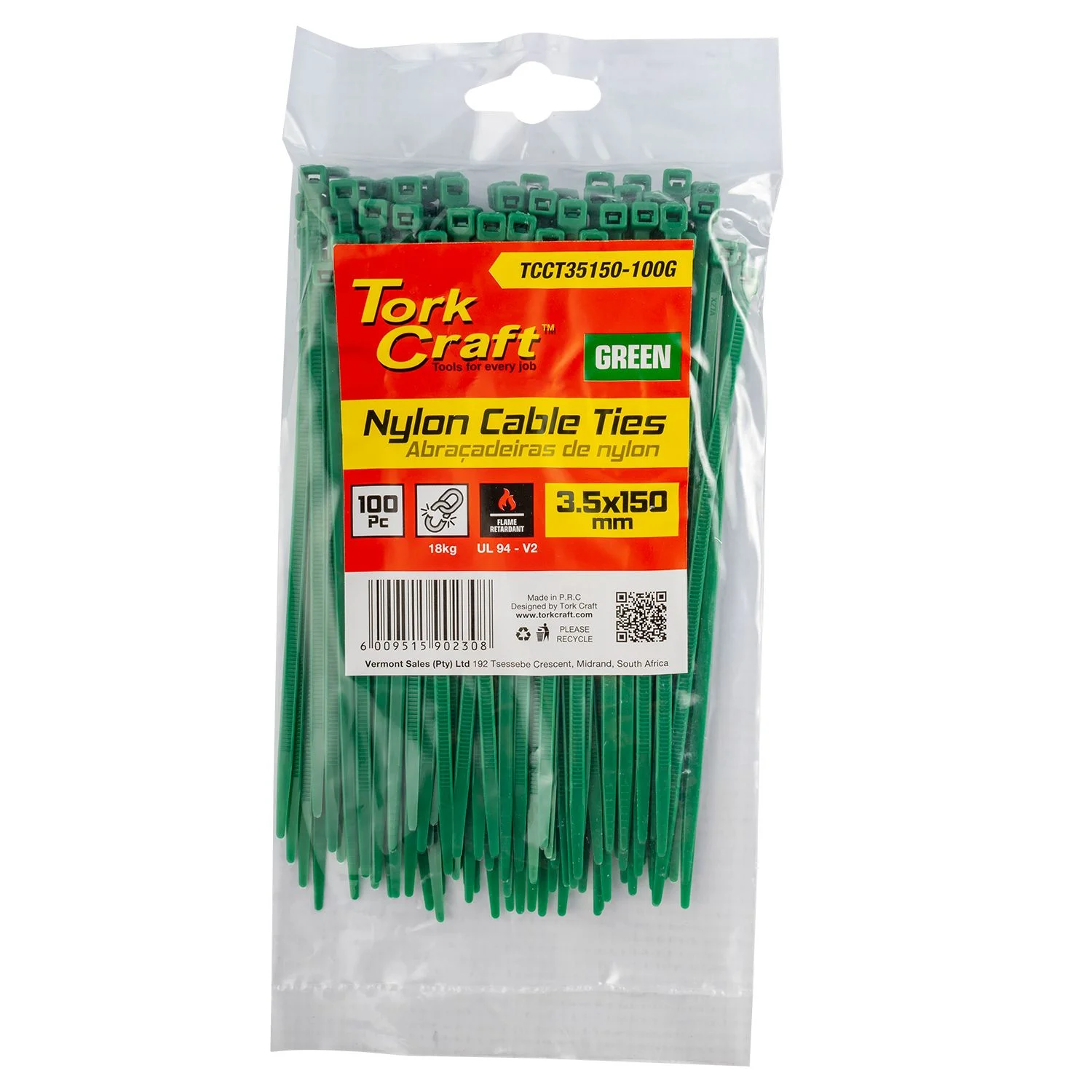TCCT35150-100G.webp NYLON CABLE TIES 3.5MM X 150MM GREEN 100PC - Image 1