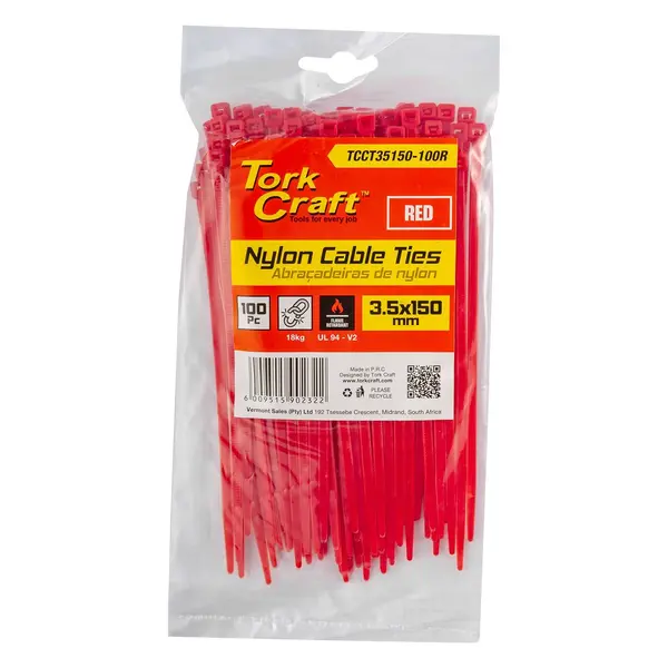 NYLON CABLE TIES 3.5MM X 150MM RED 100PC