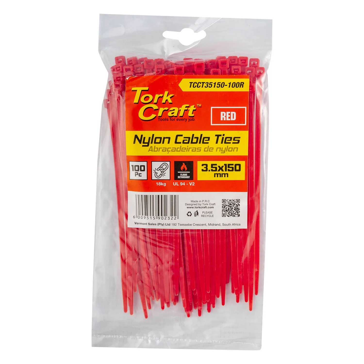 TCCT35150-100R.webp NYLON CABLE TIES 3.5MM X 150MM RED 100PC - Image 1