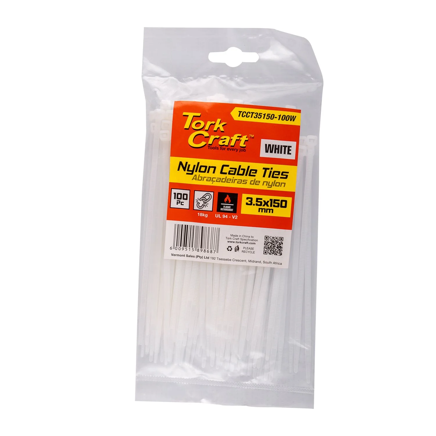 TCCT35150-100W.webp NYLON CABLE TIES 3.5MM X 150MM WHITE 100PC - Image 1