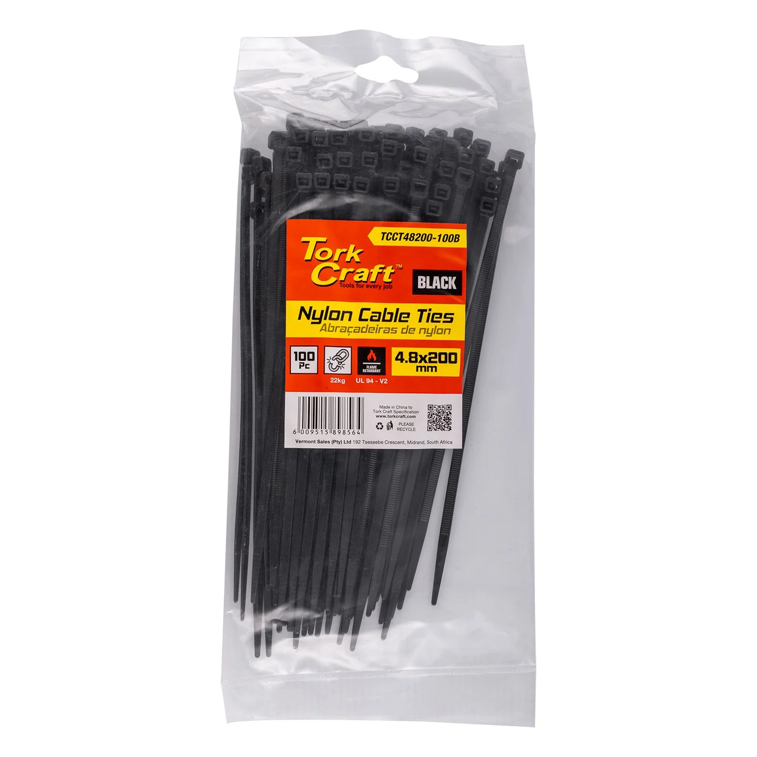 TCCT48200-100B.webp NYLON CABLE TIES 4.8MM X 200MM BLACK 100PC - Image 1