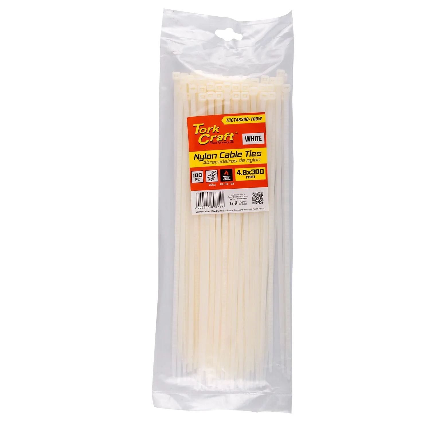 TCCT48300-100W.webp NYLON CABLE TIES 4.8MM X 300MM WHITE 100PC - Image 1