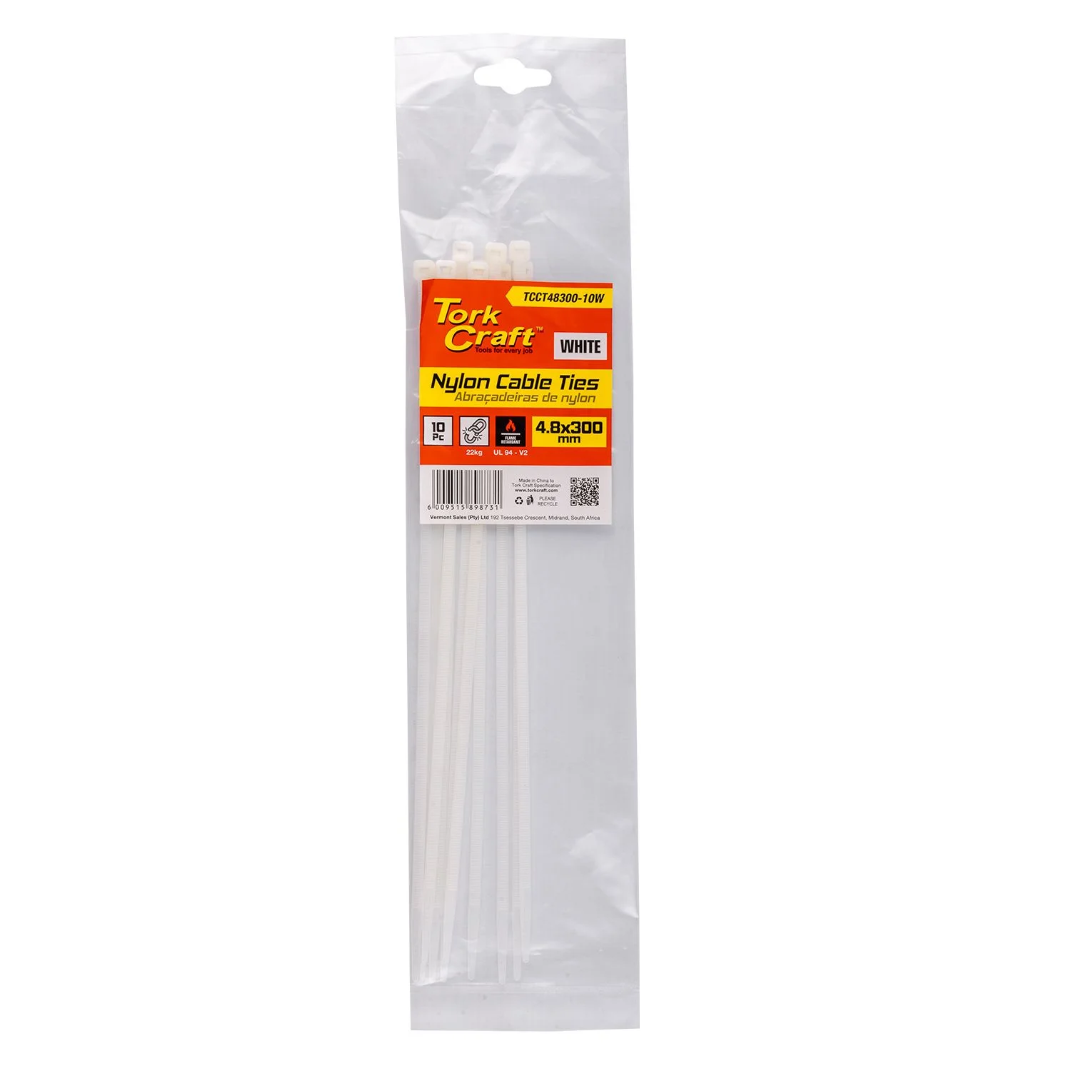 TCCT48300-10W.webp NYLON CABLE TIES 4.8MM X 300MM WHITE 10PC - Image 1