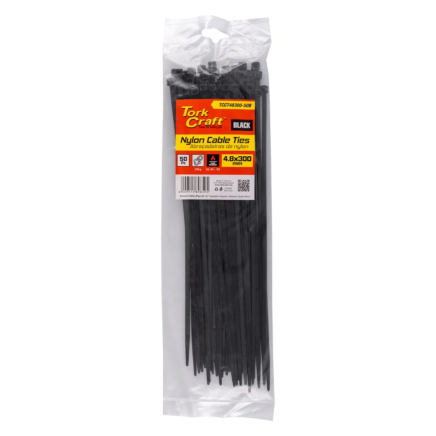 TCCT48300-50B.webp NYLON CABLE TIES 4.8MM X 300MM BLACK 50PC - Image 1