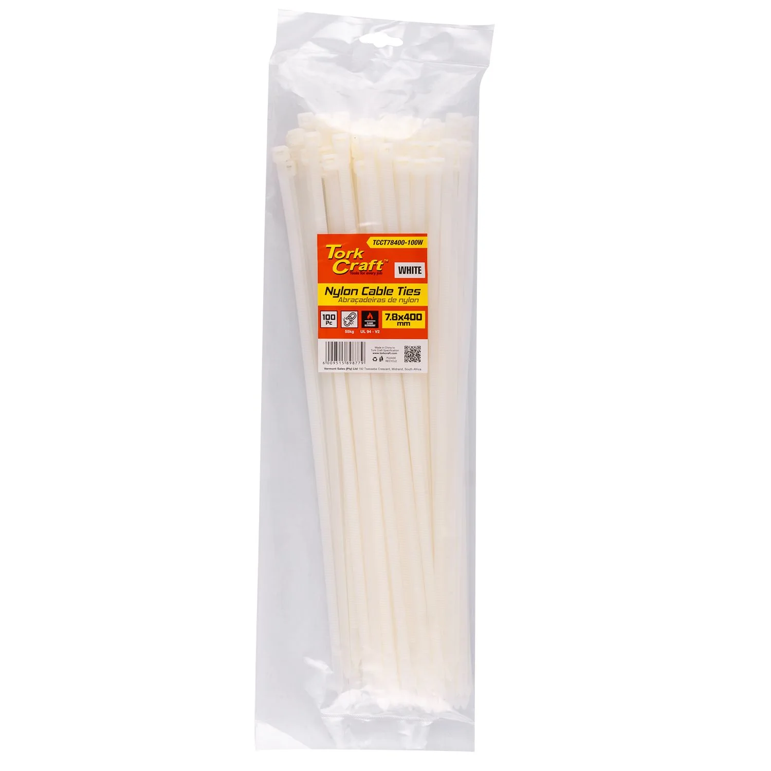 TCCT78400-100W.webp NYLON CABLE TIES 7.6MM X 400MM WHITE 100PC - Image 1