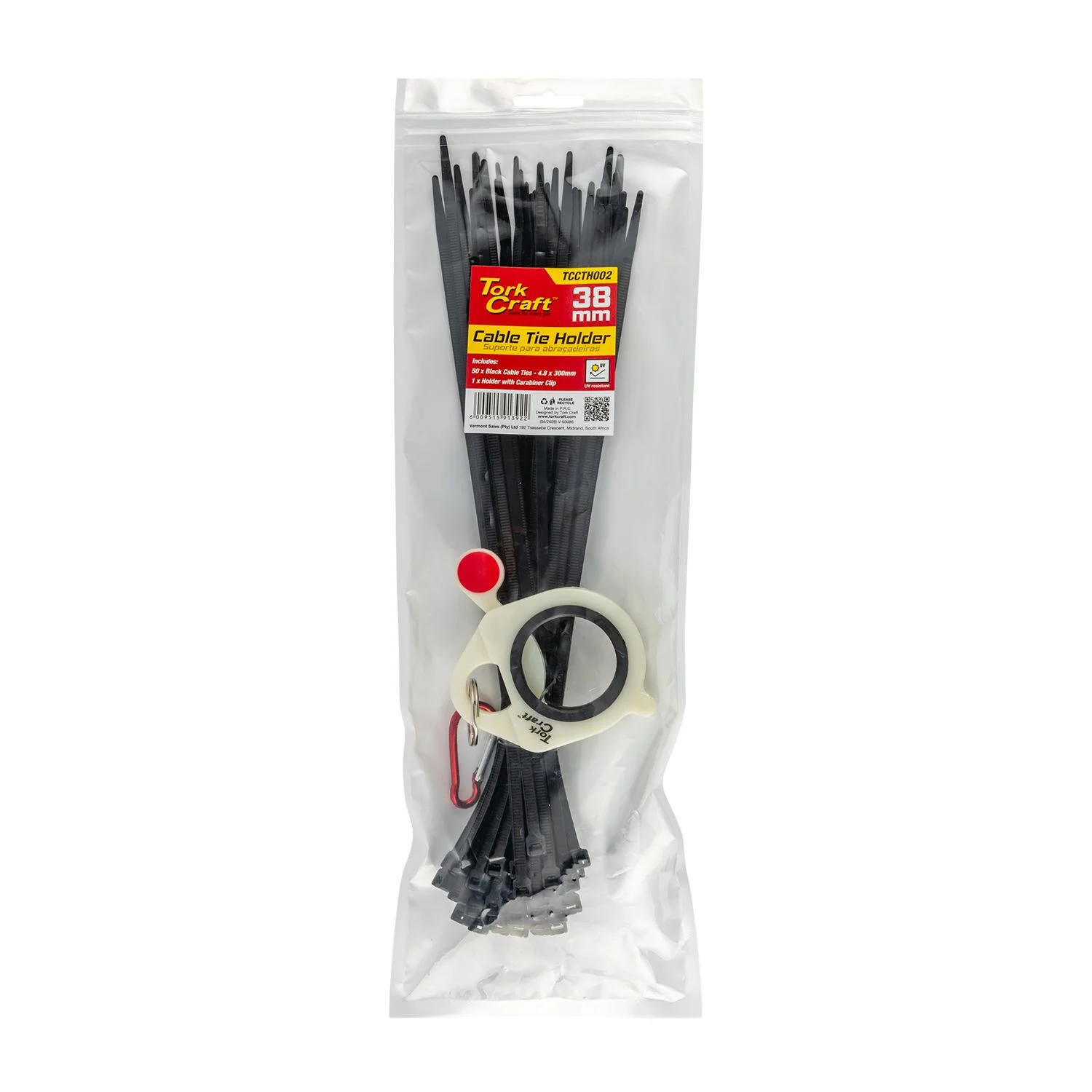 TCCTH002.webp CABLE TIE HOLDER 38MM and CAR. CLIP LUMIN MAT. 50PC BLACK 4.8 X 300MM - Image 1