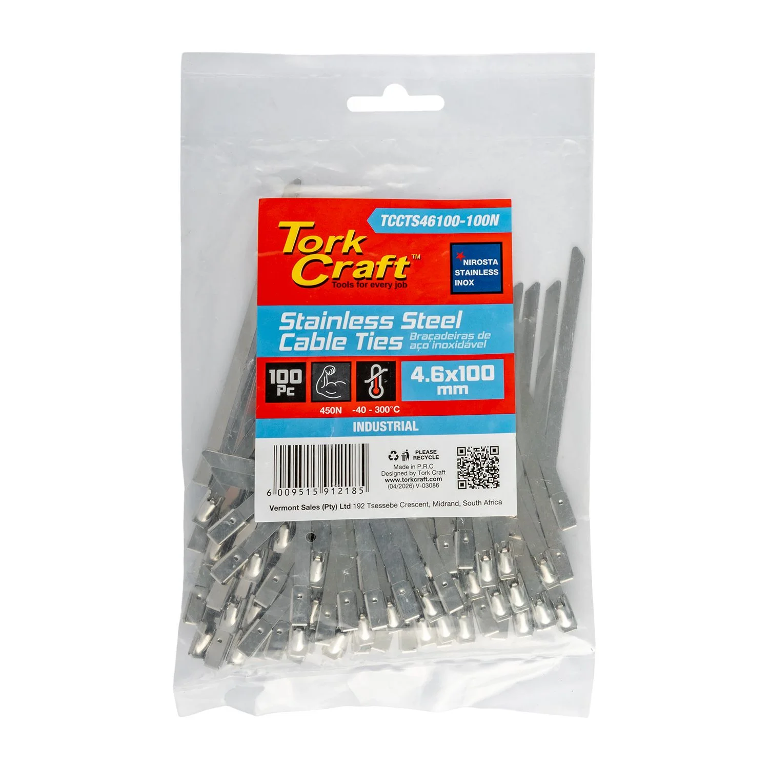 TCCTS46100-100N.webp S/STEEL CABLE TIES SS304 4.6MM X 100MM NATURAL 100PC - Image 1