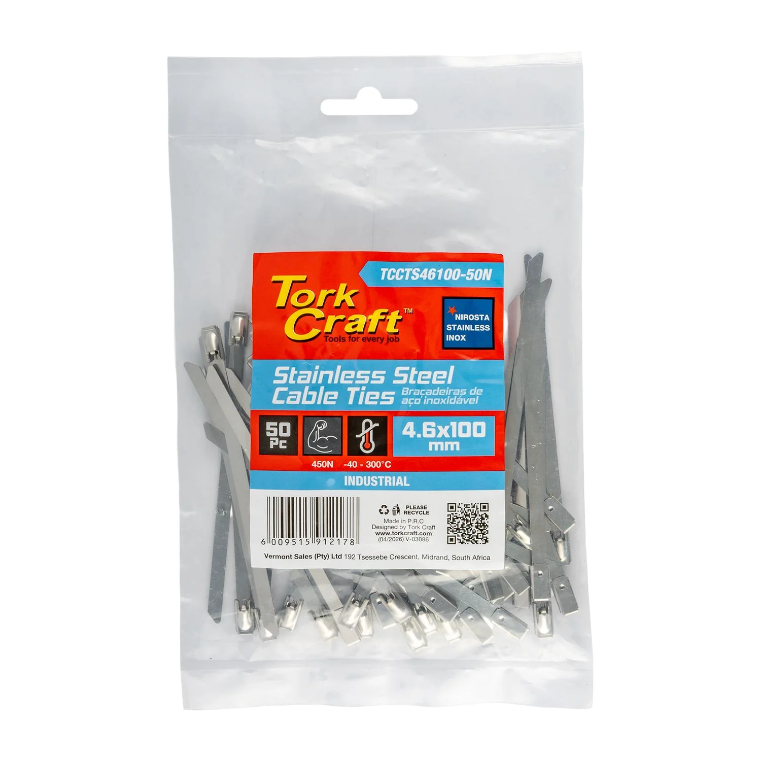 TCCTS46100-50N.webp S/STEEL CABLE TIES SS304 4.6MM X 100MM NATURAL 50PC - Image 1
