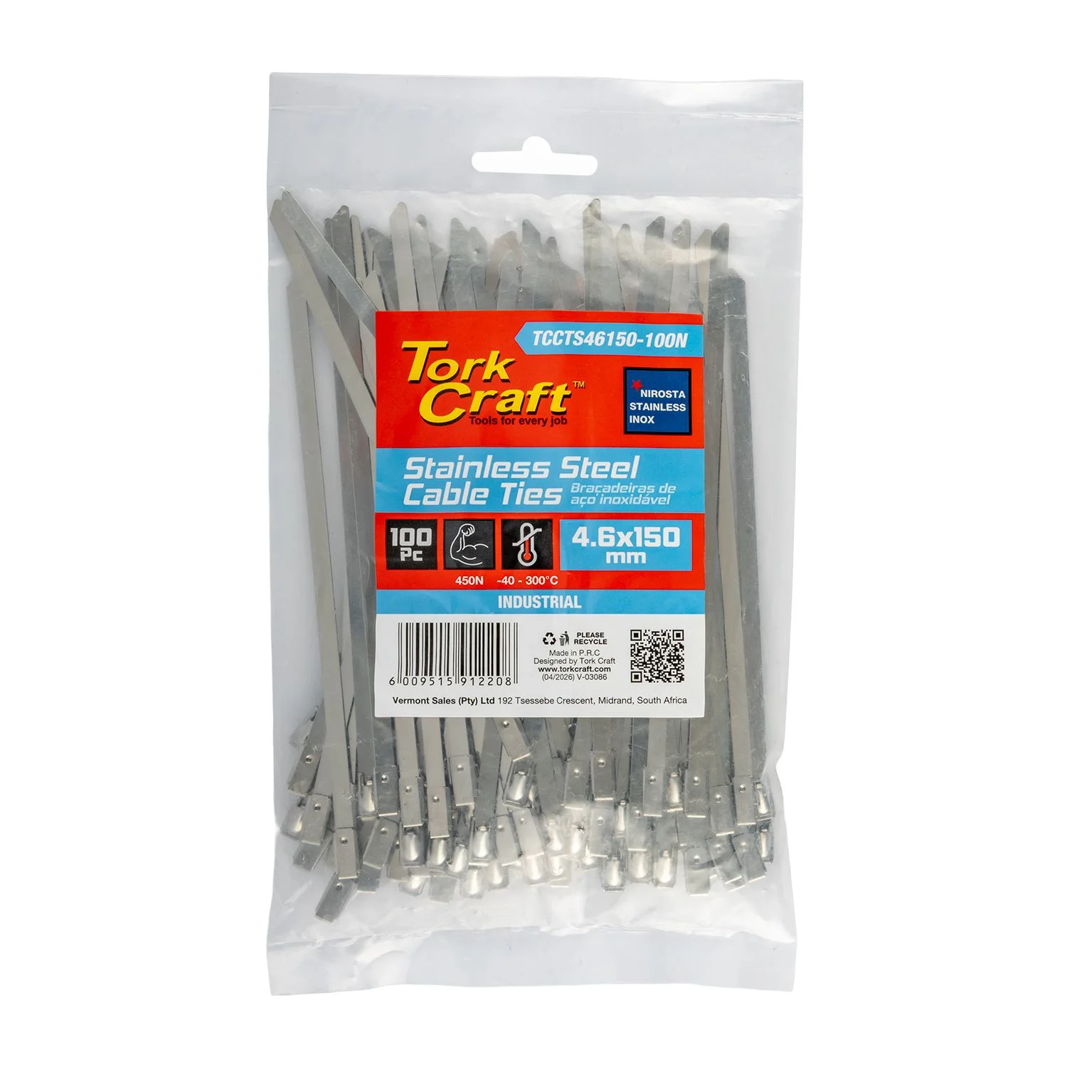 TCCTS46150-100N.webp S/STEEL CABLE TIES SS304 4.6MM X 150MM NATURAL 100PC - Image 1