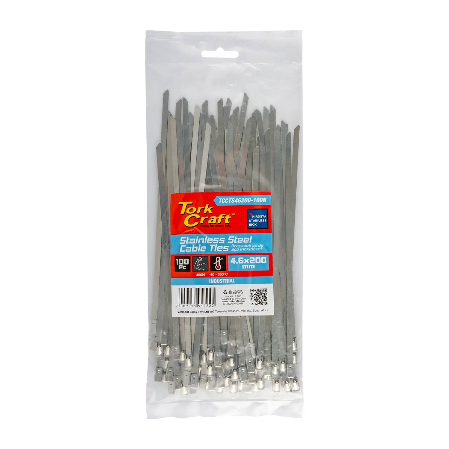 TCCTS46200-100N.webp S/STEEL CABLE TIES SS304 4.6MM X 200MM NATURAL 100PC - Image 1