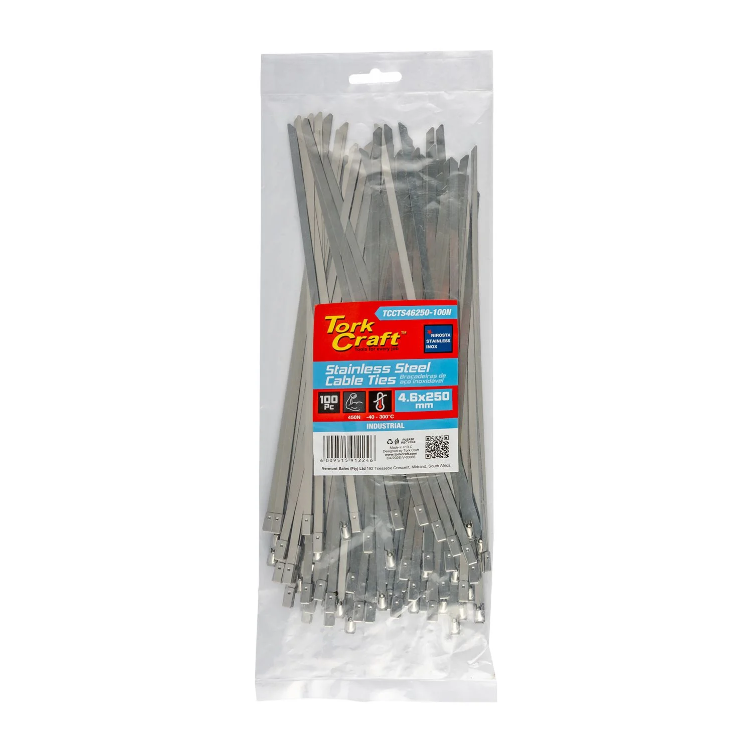 TCCTS46250-100N.webp S/STEEL CABLE TIES SS304 4.6MM X 250MM NATURAL 100PC - Image 1
