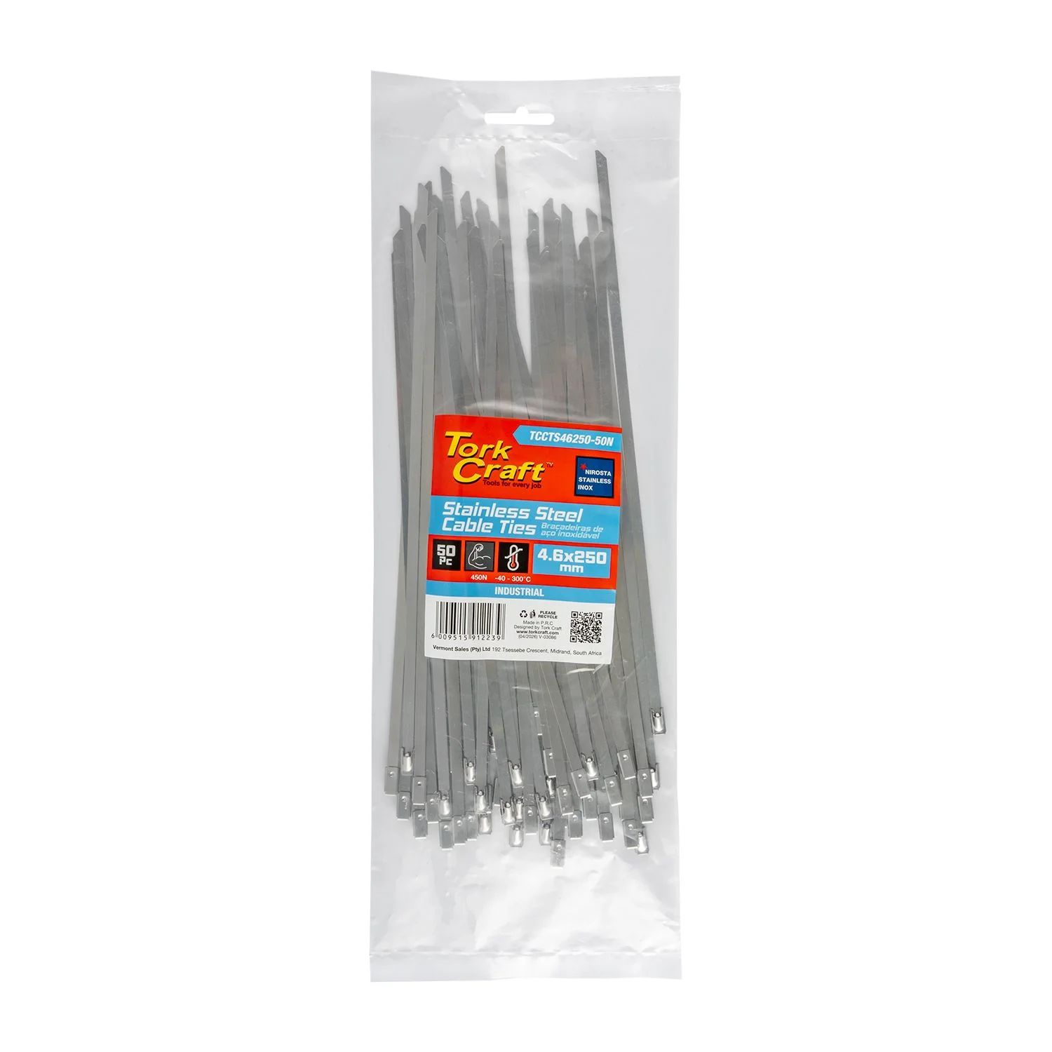 TCCTS46250-50N.webp S/STEEL CABLE TIES SS304 4.6MM X 250MM NATURAL 50PC - Image 1