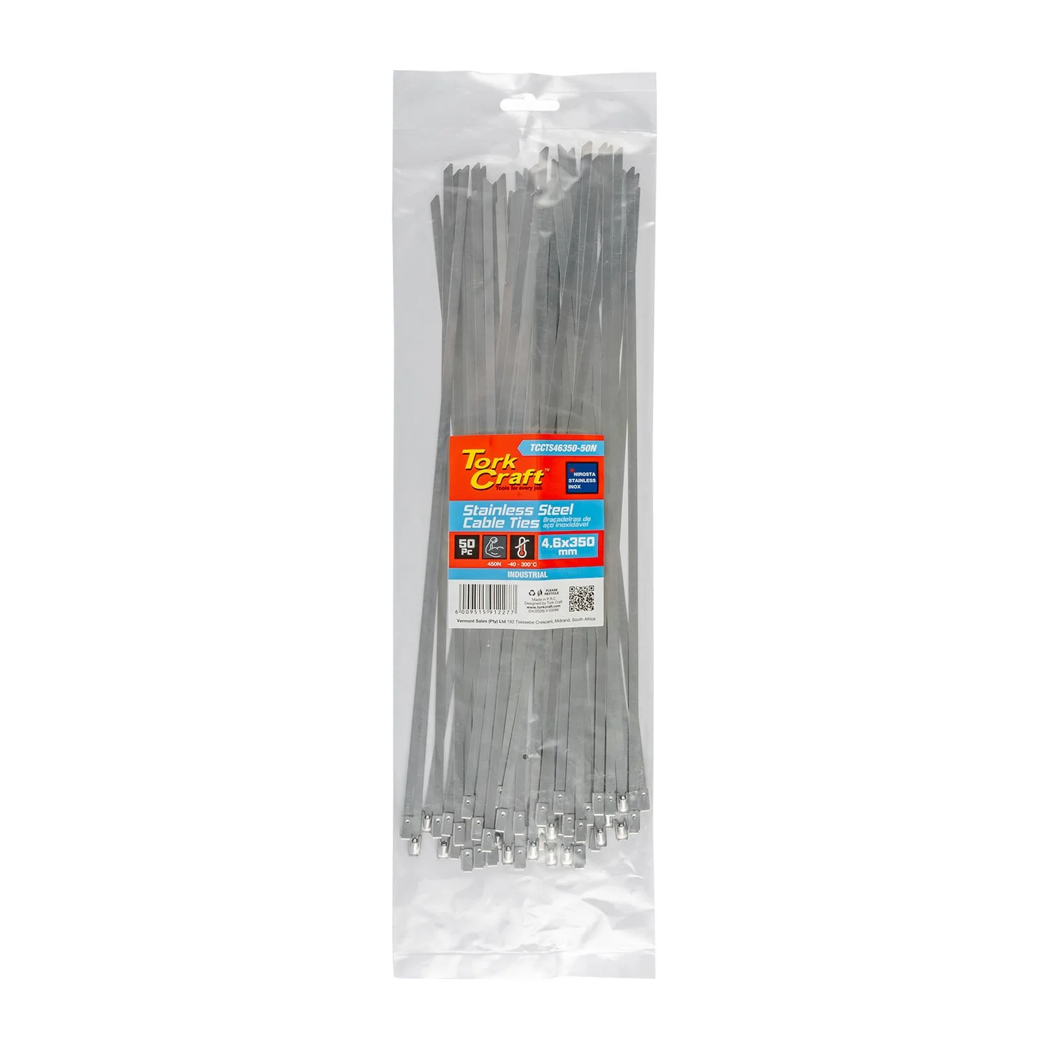TCCTS46350-50N.webp S/STEEL CABLE TIES SS304 4.6MM X 350MM NATURAL 50PC - Image 1