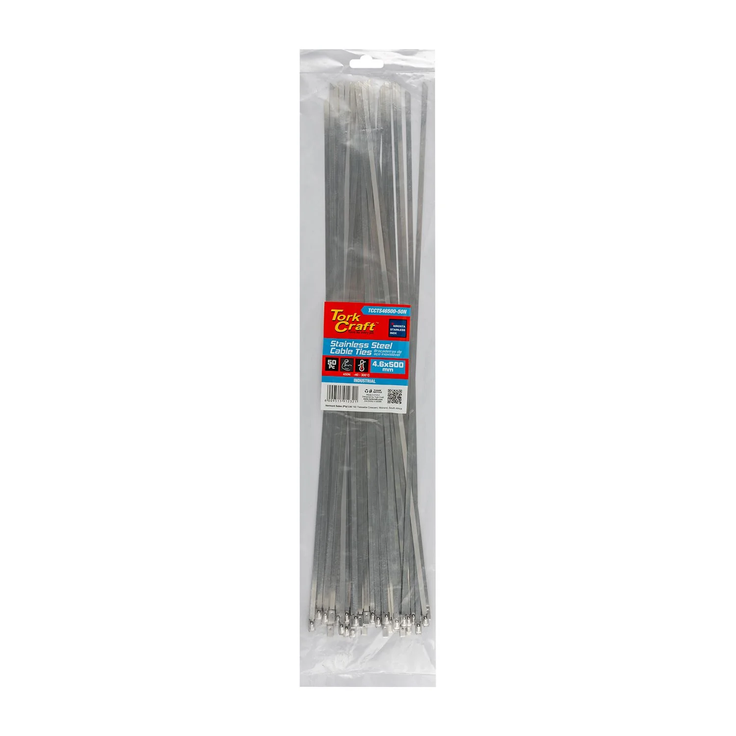 TCCTS46500-50N.webp S/STEEL CABLE TIES SS304 4.6MM X 500MM NATURAL 50PC - Image 1