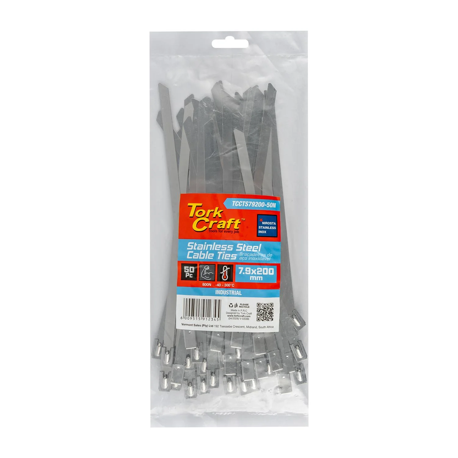 TCCTS79200-50N.webp S/STEEL CABLE TIES SS304 7.9MM X 200MM NATURAL 50PC - Image 1