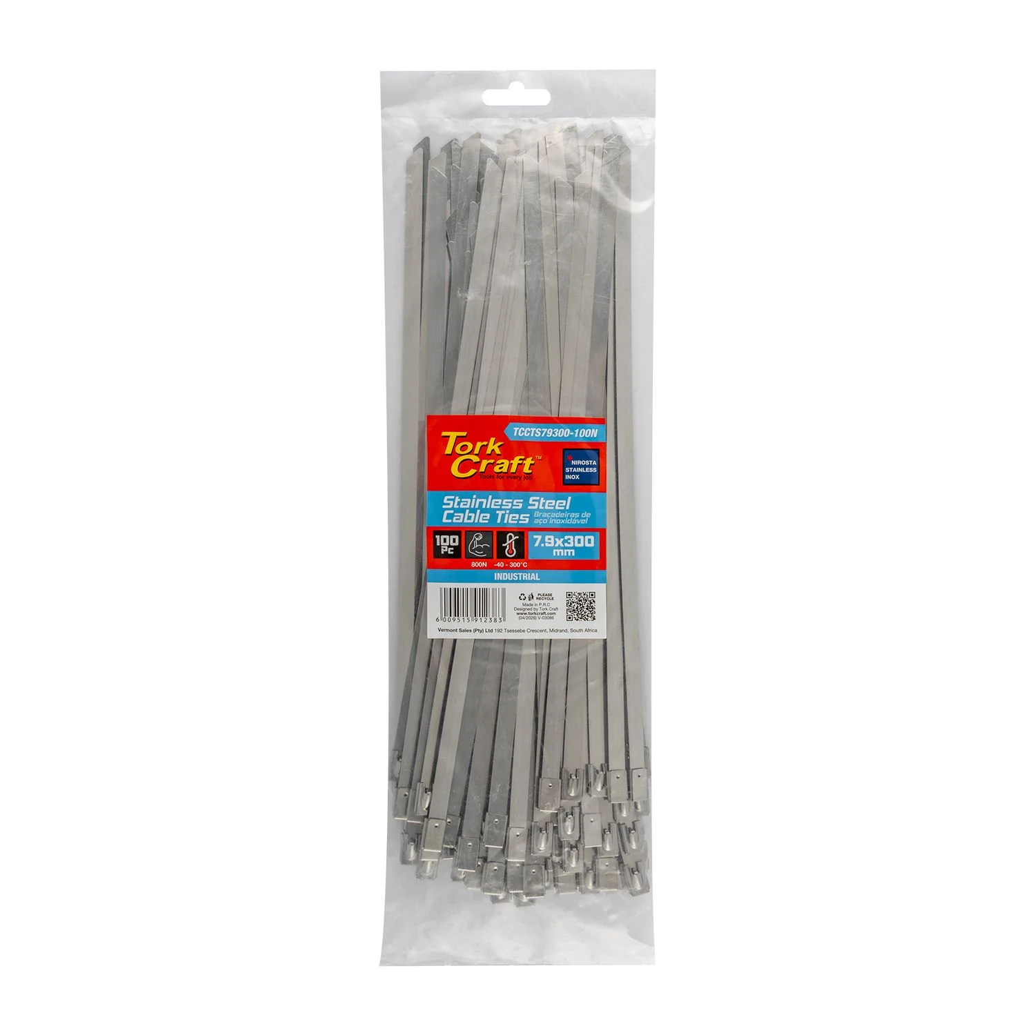 TCCTS79300-100N.webp S/STEEL CABLE TIES SS304 7.9MM X 300MM NATURAL 100PC - Image 1