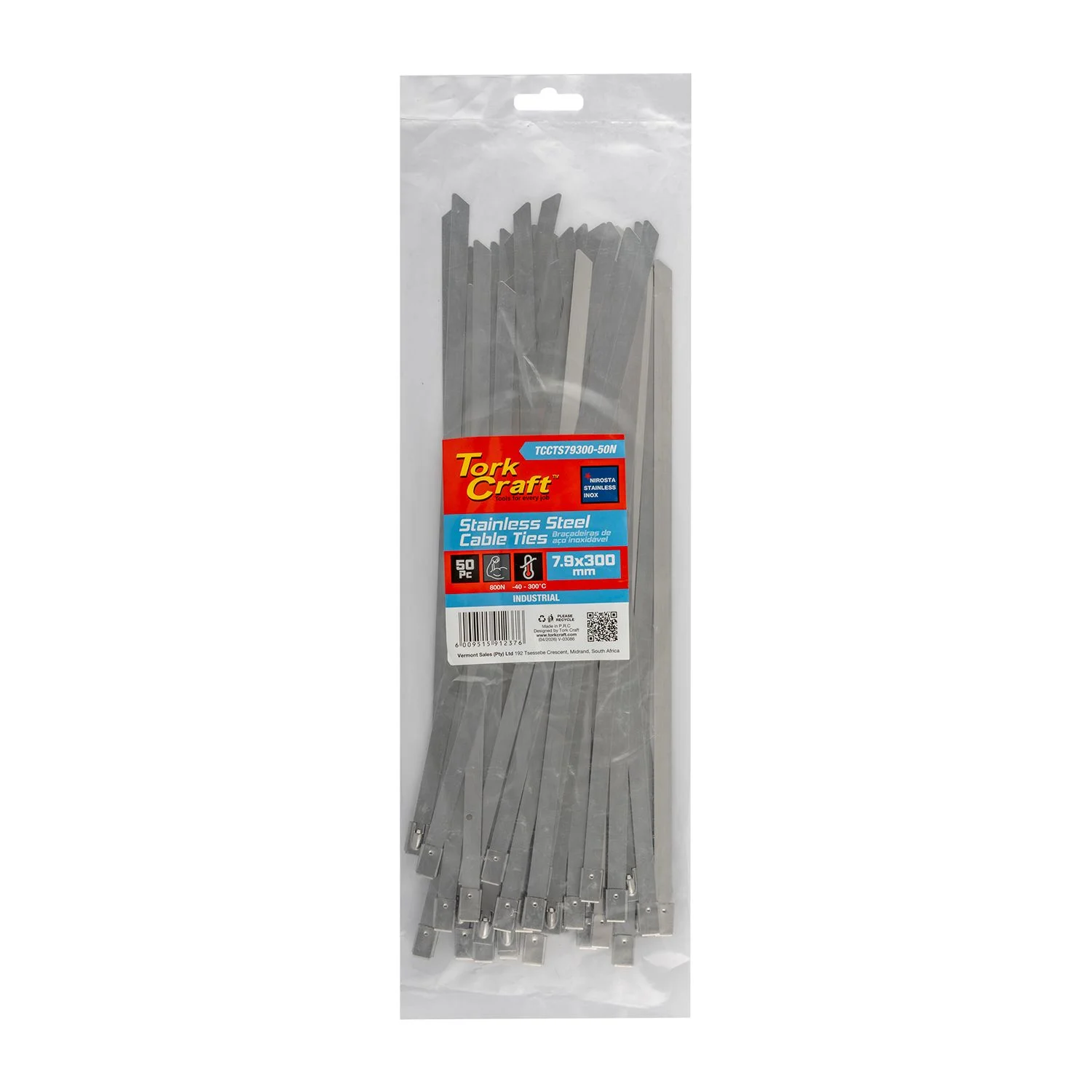 TCCTS79300-50N.webp S/STEEL CABLE TIES SS304 7.9MM X 300MM NATURAL 50PC - Image 1