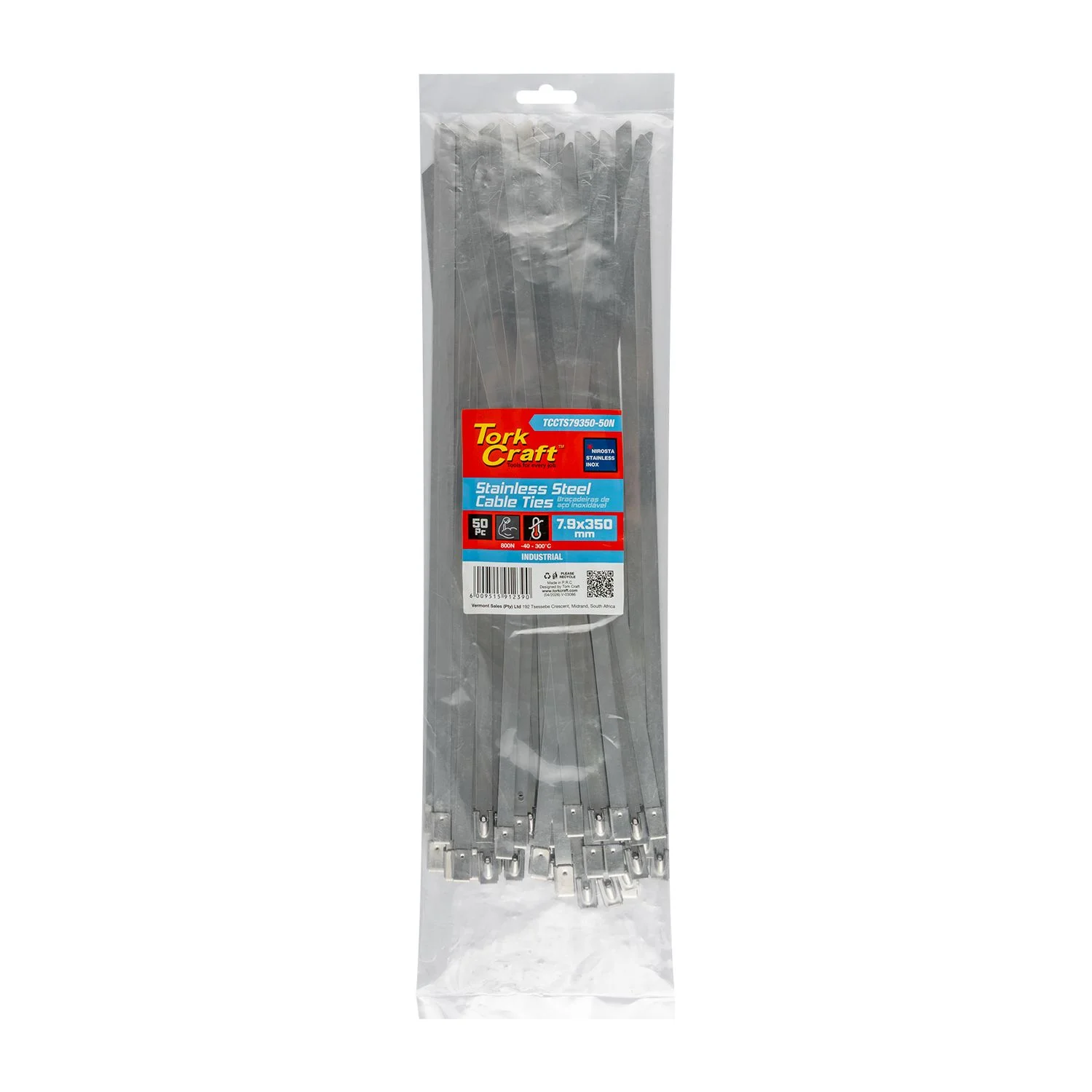 TCCTS79350-50N.webp S/STEEL CABLE TIES SS304 7.9MM X 350MM NATURAL 50PC - Image 1