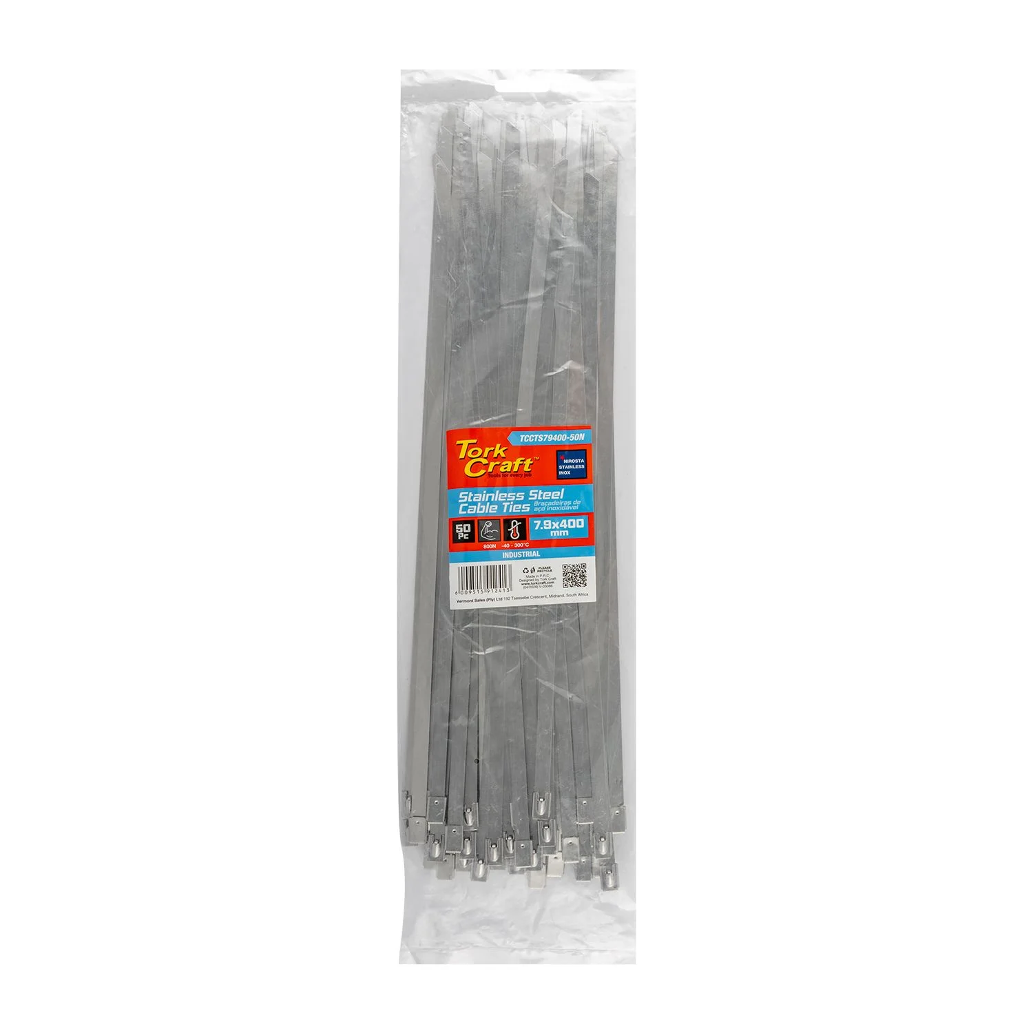 TCCTS79400-50N.webp S/STEEL CABLE TIES SS304 7.9MM X 400MM NATURAL 50PC - Image 1
